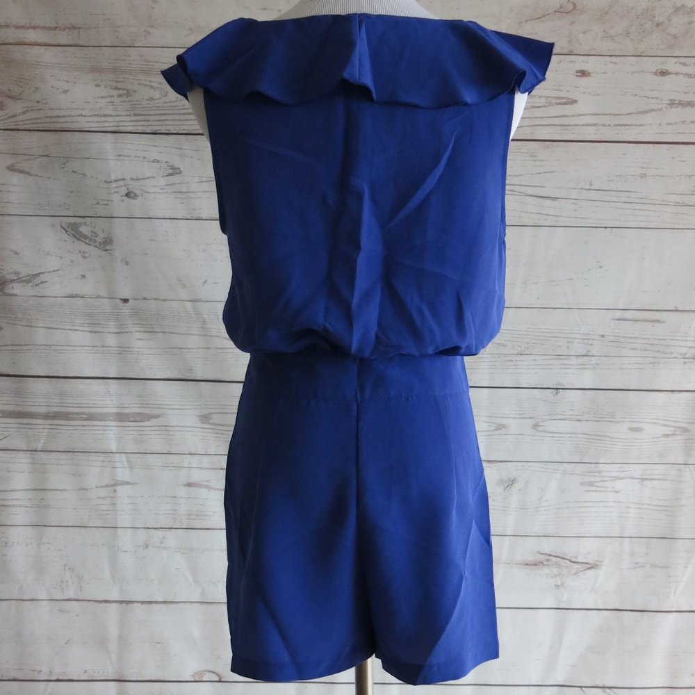 Pins and Needles Blue Full Zip Front Sleeveless Deep Ruffle V Neck Romper Size 4 - Picture 5 of 7